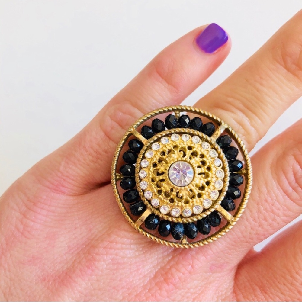 RING | Gold Boho Black Crystal Ring